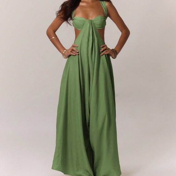 Pants - Army Green Casual Women's Boho Ruched Bust Extreme Wide Leg Jumpsuit